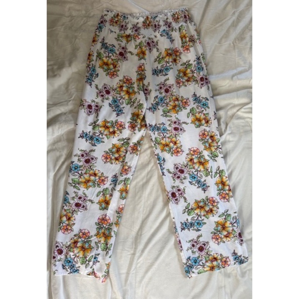 Womens Floral Smocked Waist Wide Leg Lounge Pants White Multicolor Boho Relaxed